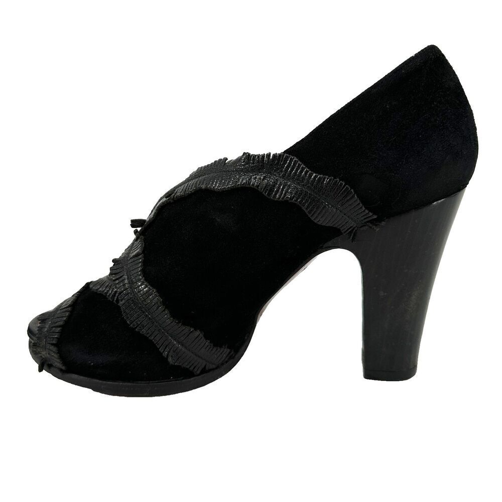 Chie Mihara Size 37 Black Suede Block Heels Fringe PeepToe 3.5in Boho Steampunk - Picture 2 of 11